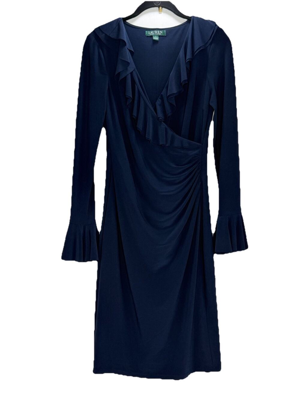 Lauren Ralph Lauren Faux Wrap Dress 4 Blue Bell-Sleeve Ruffle V-Neck Ruched EUC